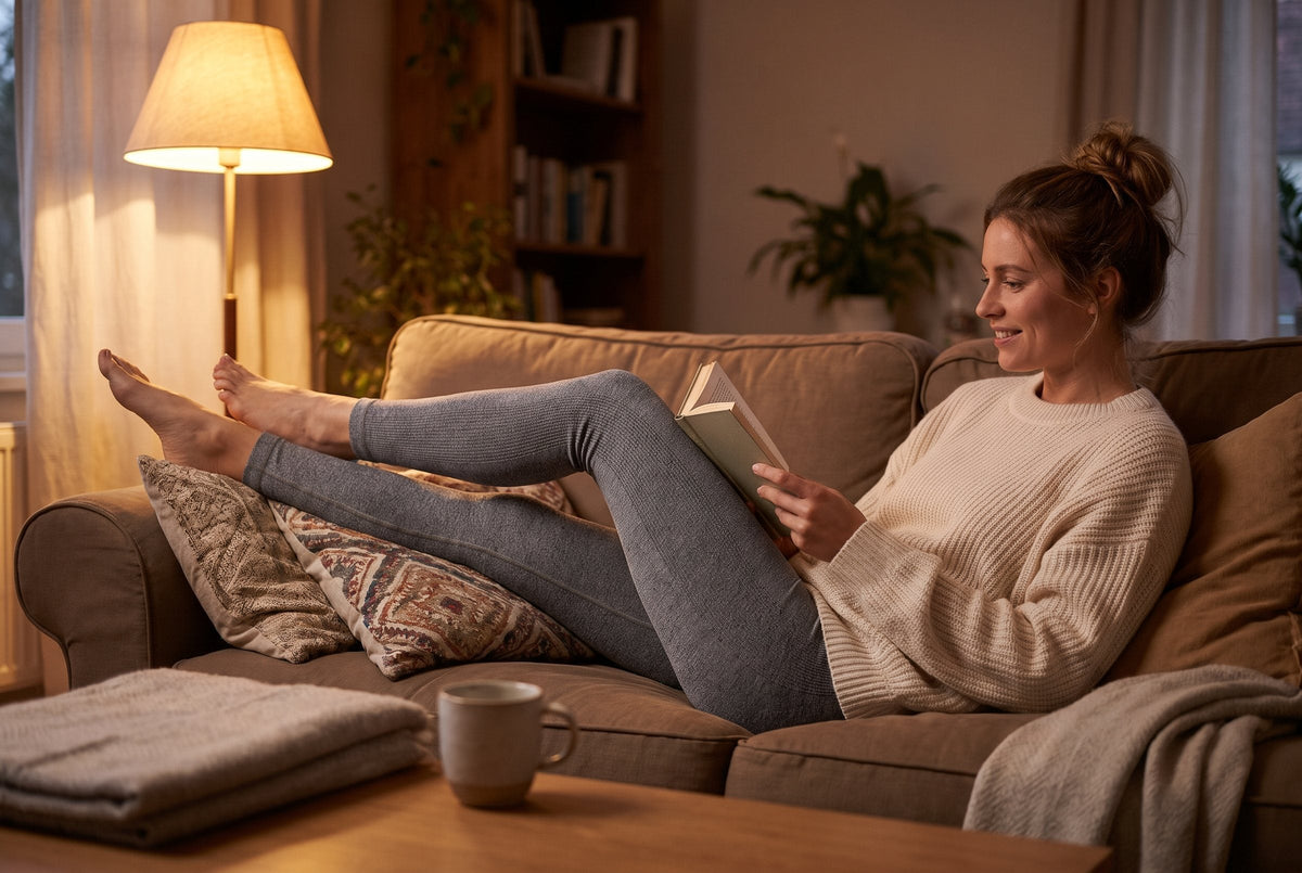 A woman relaxing on a sofa in grey textured leggings, reading a book