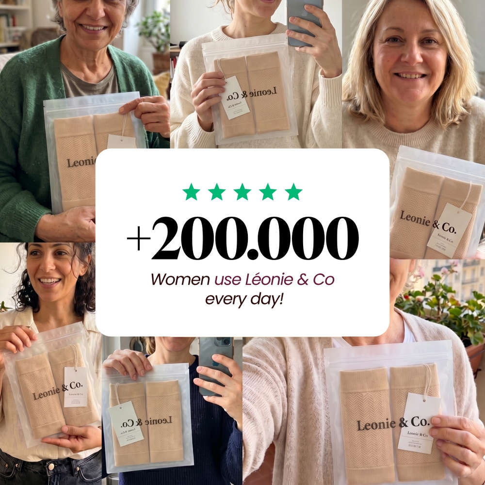 Photos of customers holding their Leonie Leggings arm sleeves, above a five-star rating