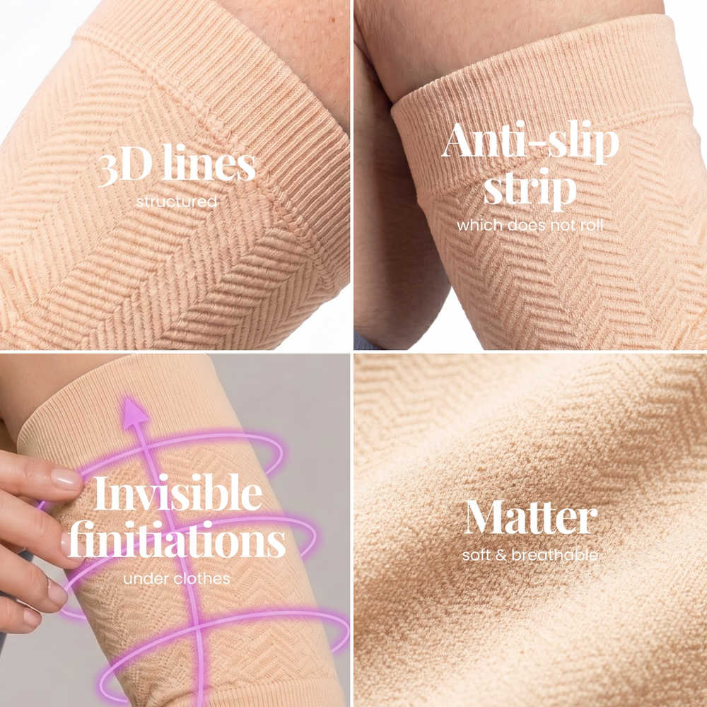 Close-up details of the arm sleeves: knitted 3D lines, ribbed anti-slip band and fabric