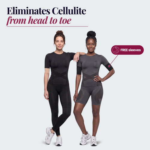 Two women wearing the 3D Complete Set, one in Full Black and one in Full Dark Gray, with free arm sleeves