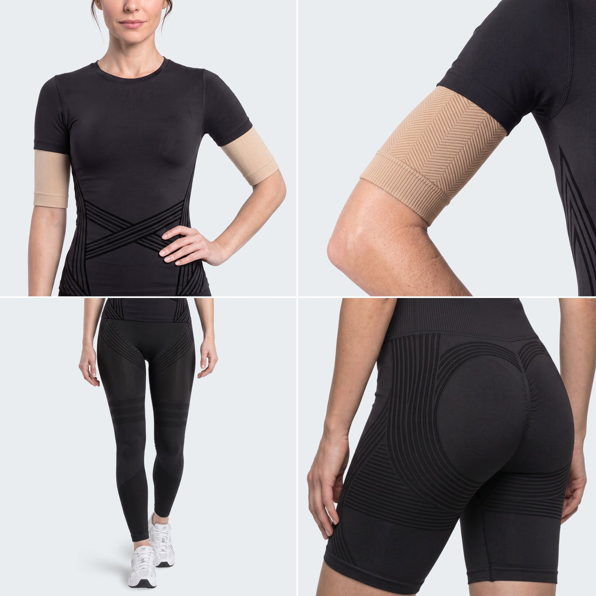 Close-ups of the Full Black set: 3D t-shirt, nude arm sleeve, leggings and shorts