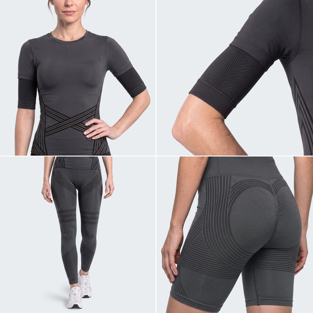 Close-ups of the Full Dark Gray set: 3D t-shirt, black arm sleeve, leggings and shorts