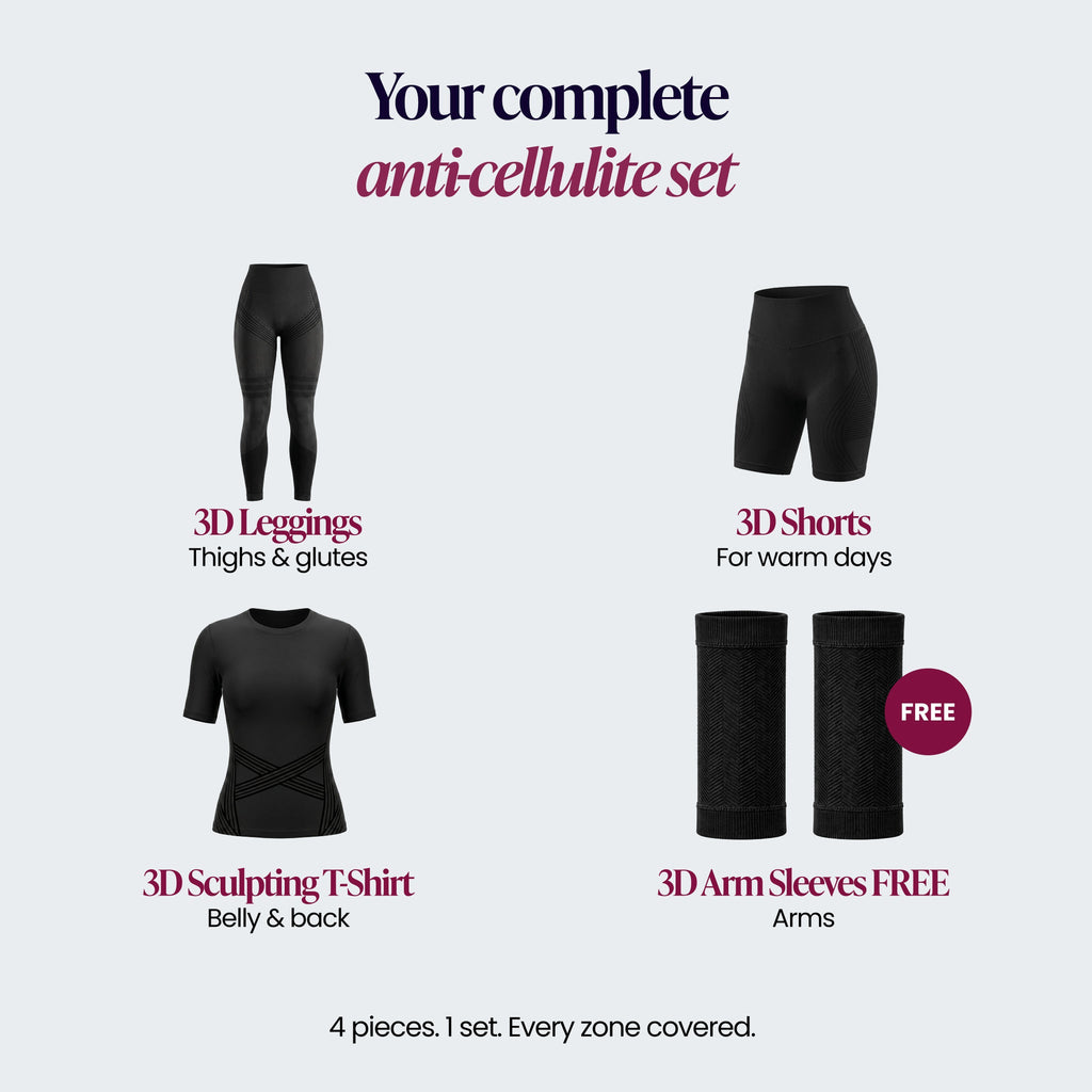 The four pieces of the 3D Complete Set: 3D leggings, 3D shorts, 3D sculpting t-shirt and free 3D arm sleeves