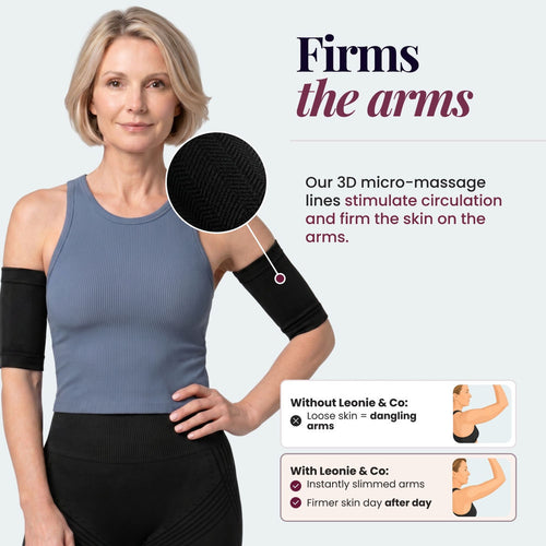 Woman wearing the Leonie Leggings 3D Sculpting Arm Sleeves in black, knitted 3D relief lines visible on the upper arm