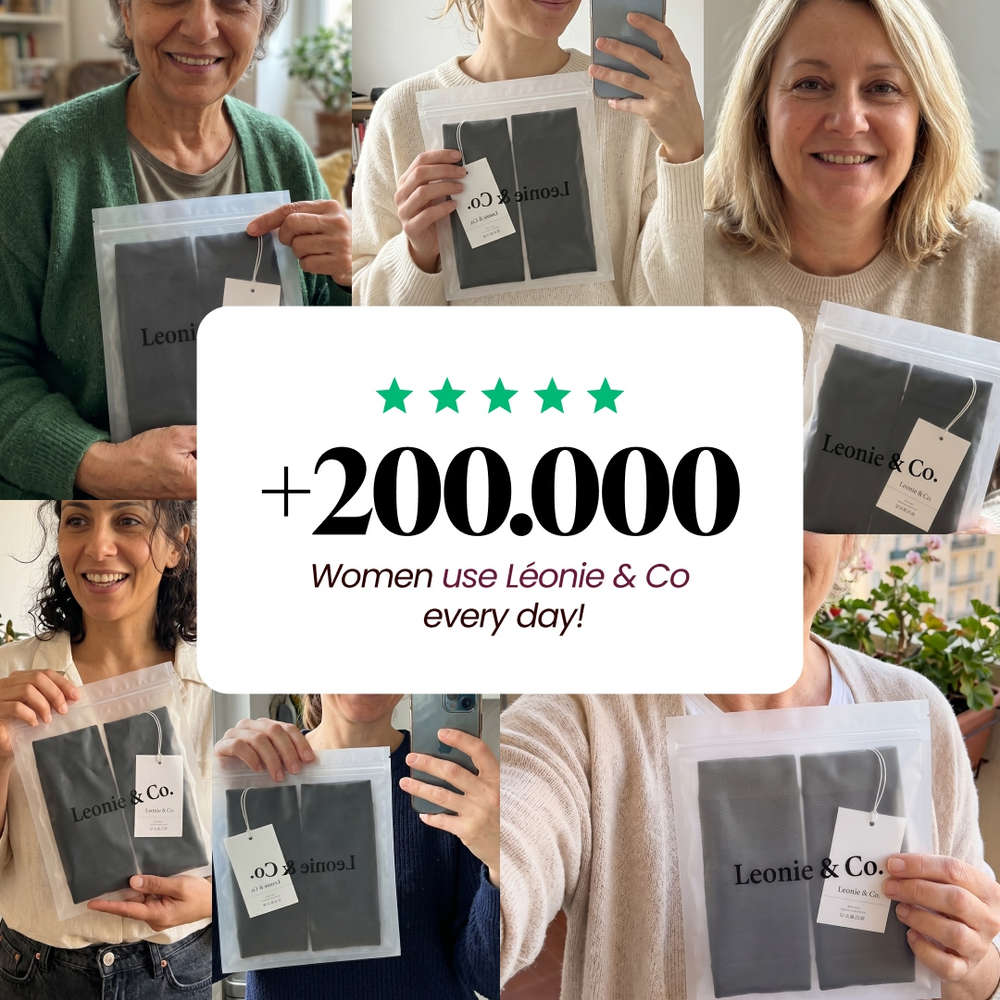 Photos of customers holding their Leonie Leggings arm sleeves, above a five-star rating